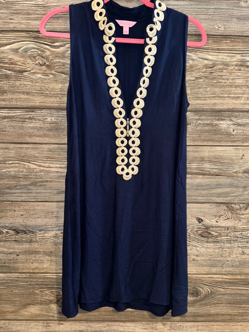 Lilly Pulitzer Jane Navy Sleeveless Shift Dress Gold Ring Trim Zipper Neck 4 - Picture 2 of 7